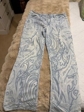 Light Blue Paisley-Print Wide-Leg Jeans